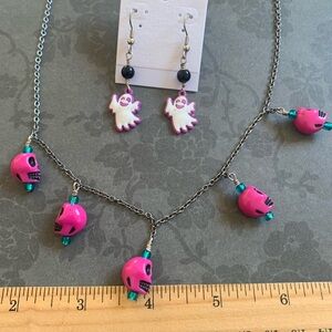 Halloween: Pink Skull Necklace and Ghost Earrings Set